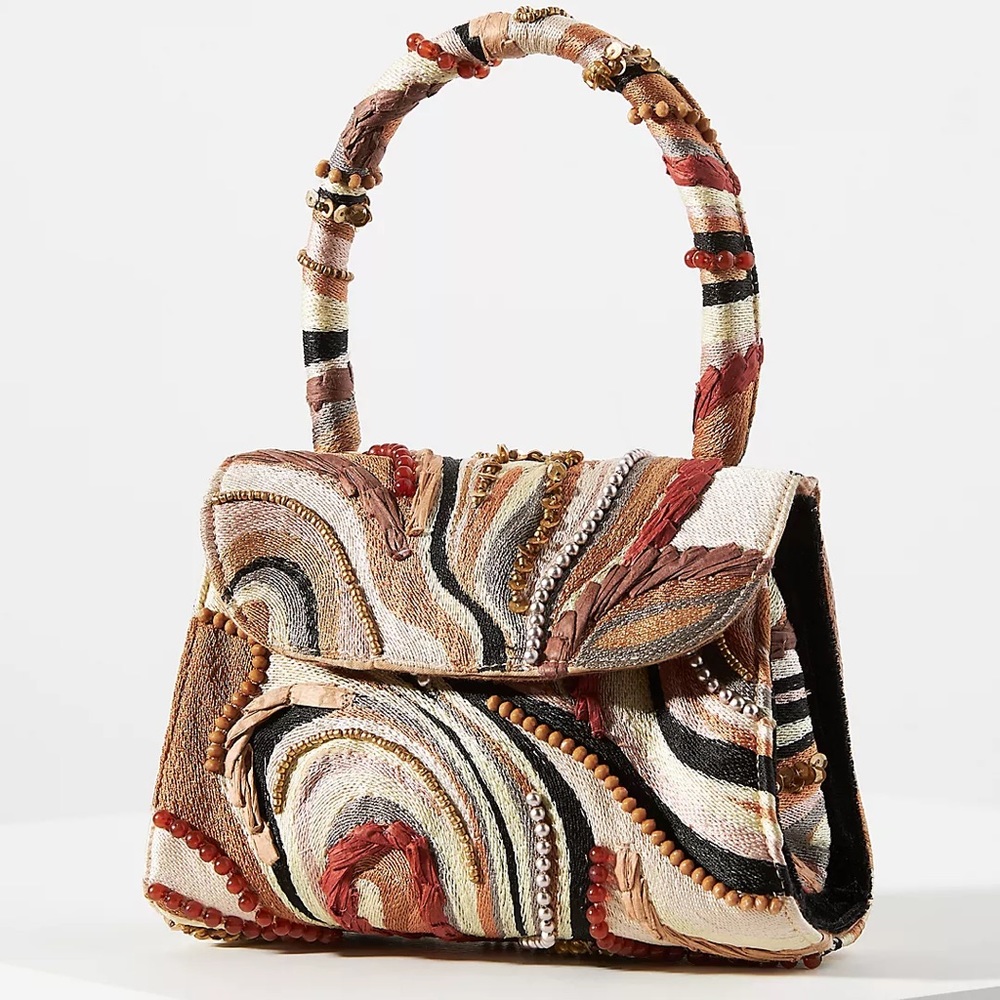 Anthropologie Swirly Sequin & Beaded Cream & Brown Crossbody Bag